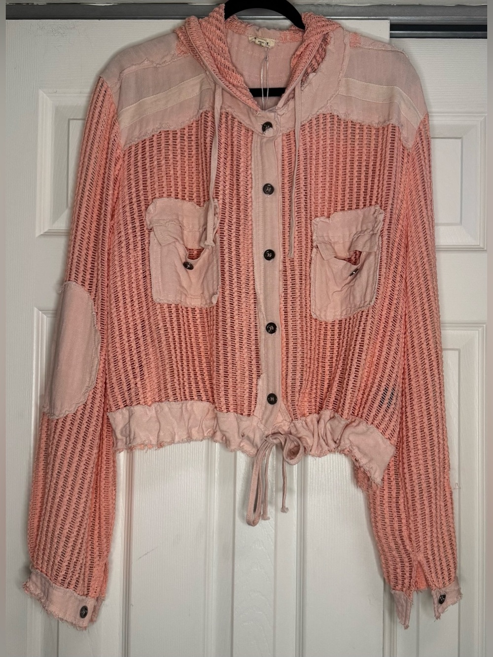 POL Lightweight Pink Cotton Crochet Button Down Hoodie Shirt - Size L NWT - Picture 3 of 7